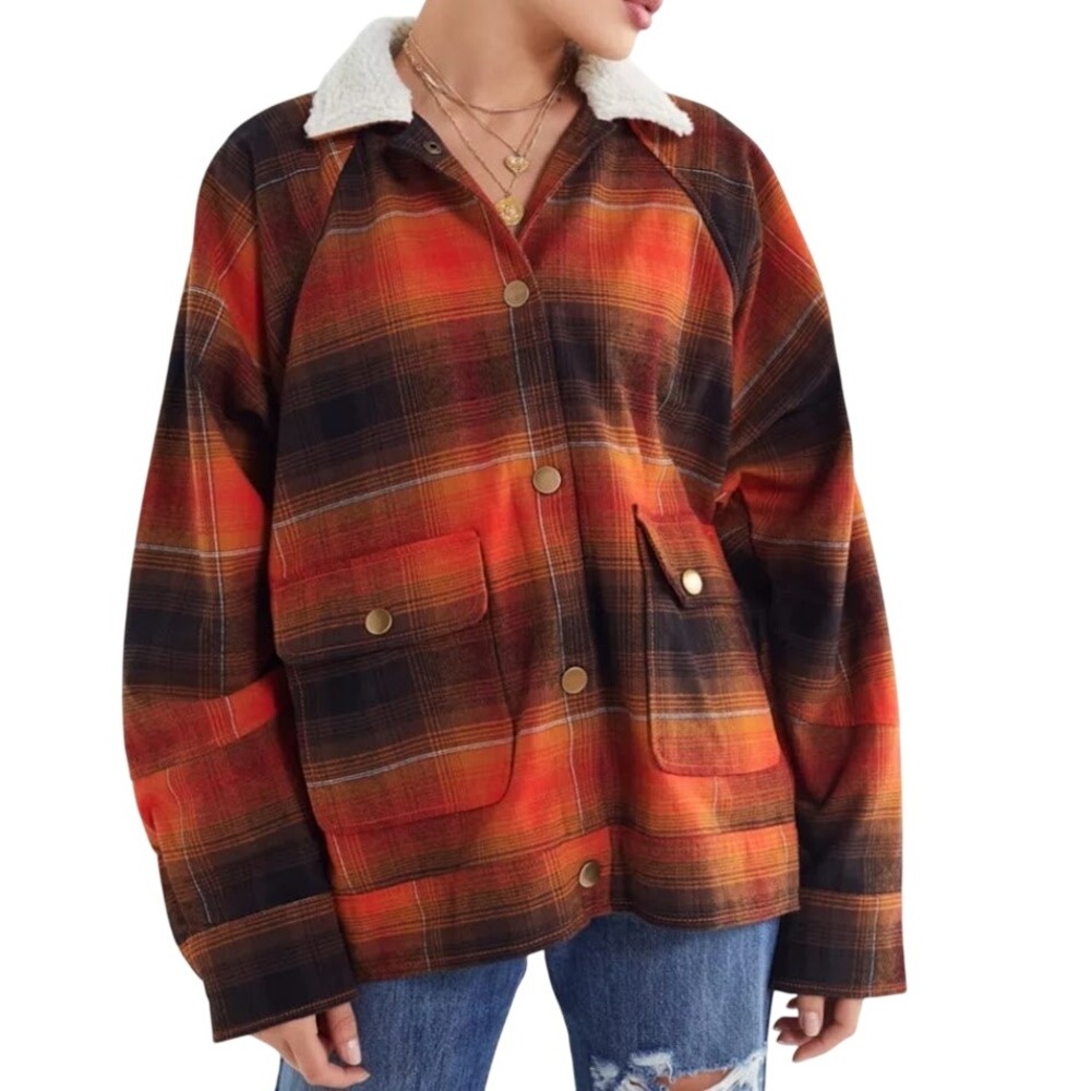 Urban Outfitters Women XS Chelsea Jacket Orange Brown Plaid Sherpa Collar Boxy